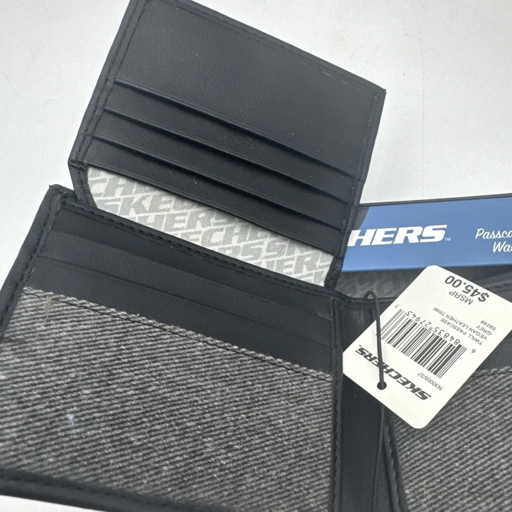Skechers Twill Passcase Bifold Wallet Vegan Leather Trim RFID Protection